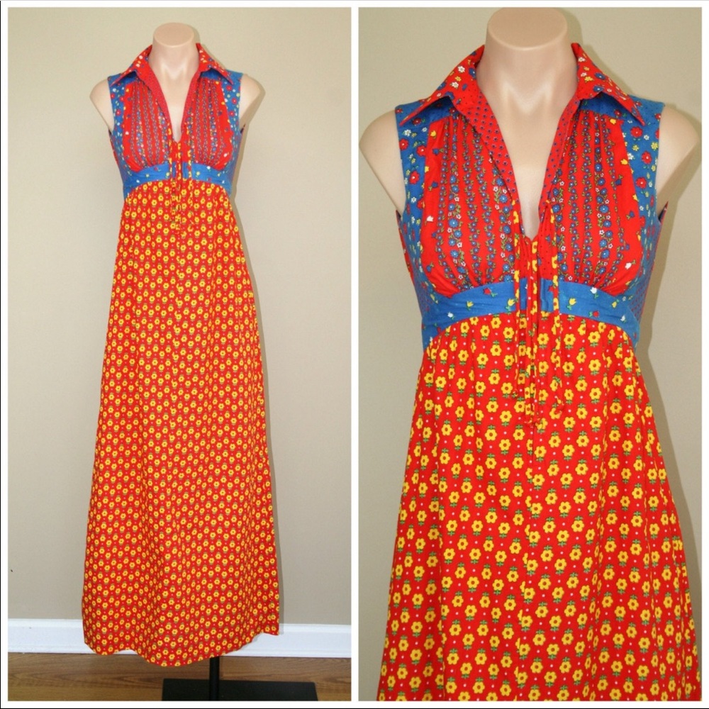 Vintage 60s 70s Denise Are Here Sleeveless Floral Hippie Folk Maxi Dress xs